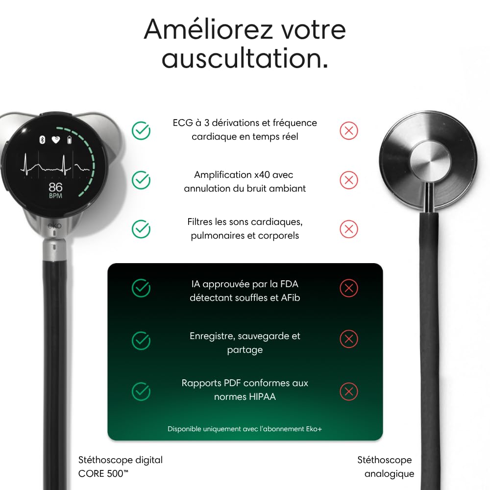 Stéthoscope numérique digital CORE 500™ - Amplification x40, suppression active du bruit, ECG à 3 dérivations, IA certifiée par la FDA avec Eko+, affichage couleur