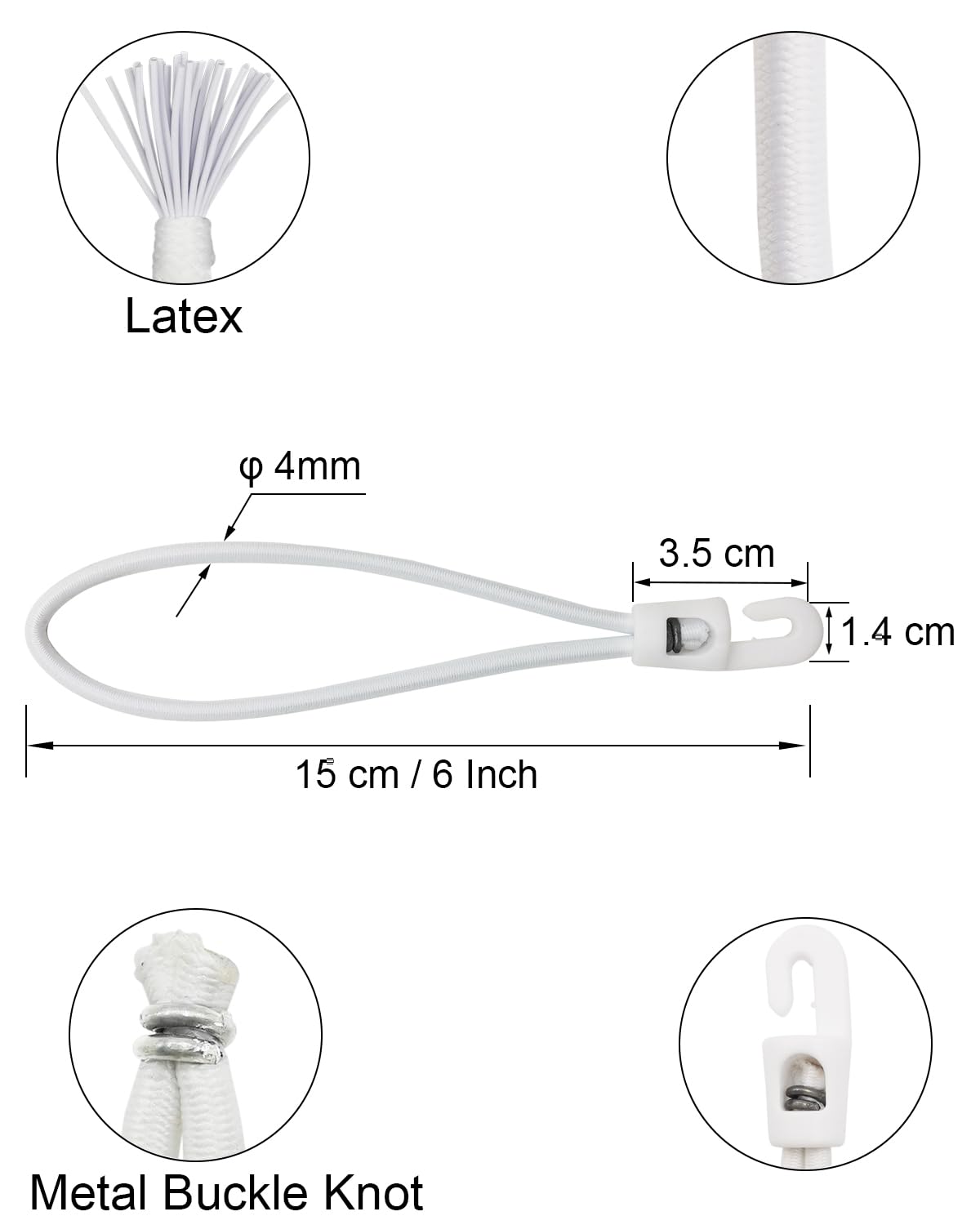 WMZOBH Bungee Cords with Hooks 100 Pcs - 6 Inch Elastic Short Bungee Ropes with Hooks, Small Tarpaulin Hooks (White) - Image 2