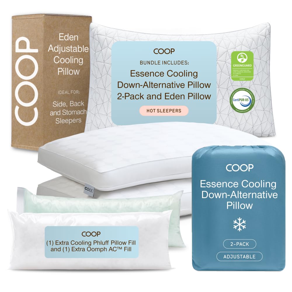 Coop Sleep Goods Cooling Pillow King Bundle Includes 2 Essence Down Alternative Cooling Pillows 1 Eden Adjustable Cooling