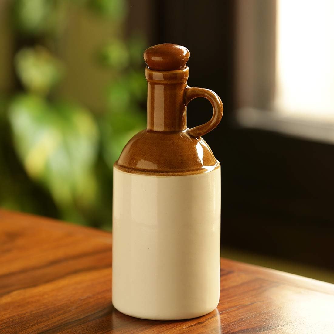 ExclusiveLane 'Old Fashioned' Hand Glazed Studio Pottery Ceramic Oil Bottle for Kitchen | Cruet Cooking Oil Dropper/Pourer | Vinegar & Olive Oil Dispenser | Decorative Flower Vase (1000 ML)