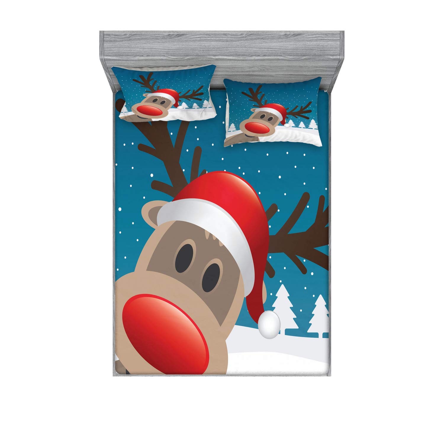 Ambesonne Christmas Fitted Sheet & Pillow Sham Set, Rudolph The Reindeer with Santa Hat Holiday Themed Fun Cartoon, Decorative Printed 3 Piece Bedding Decor Set, King, Red Brown Navy