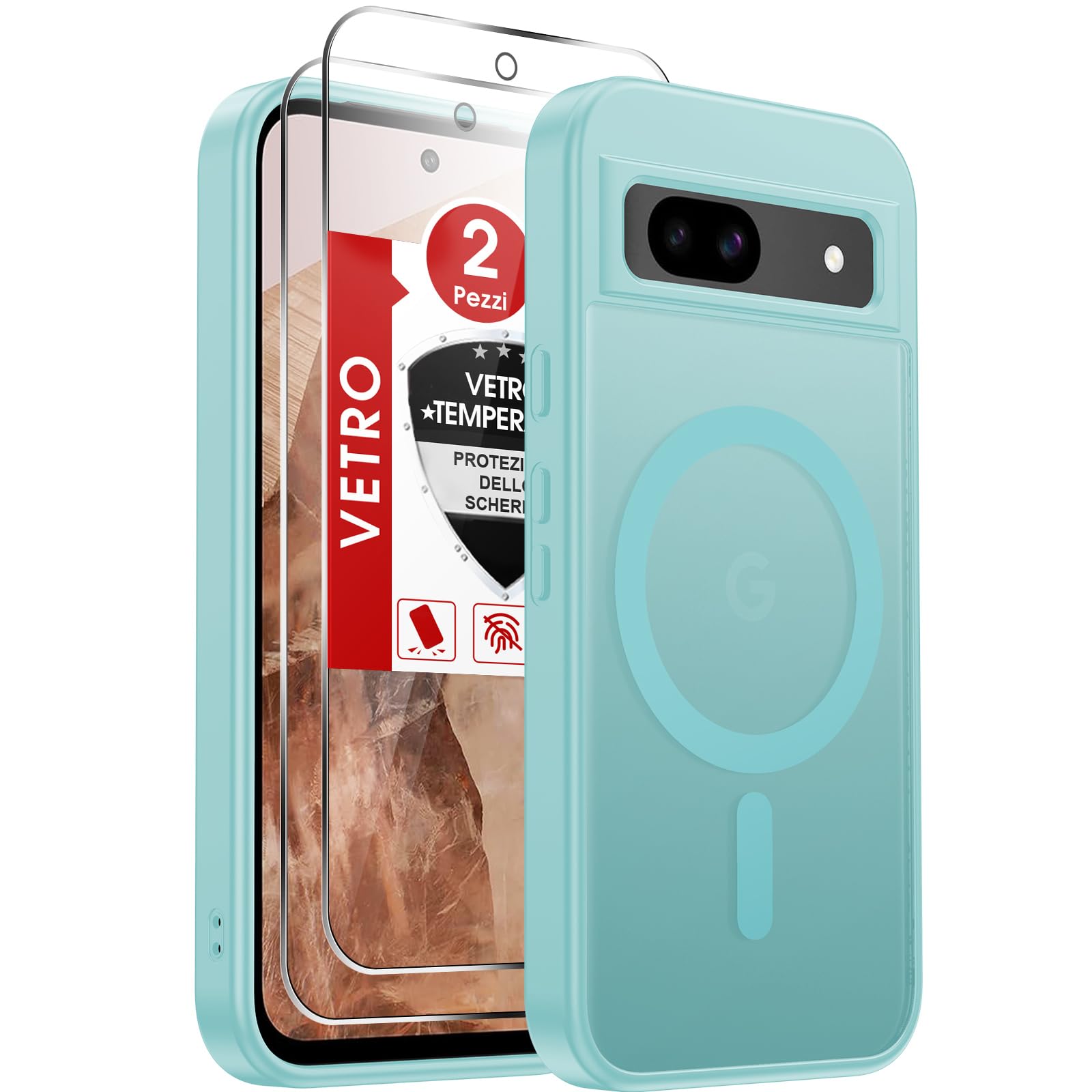 LeYi Cover Magnetica per Google Pixel 8A con 2 Vetro Temperato,Verde chiaro | Custodia per Pixel 8A Traslucida Opaca Anti-Impronte Resistente ai Graffi Paraurti in TPU Antiurto Protettiva Case