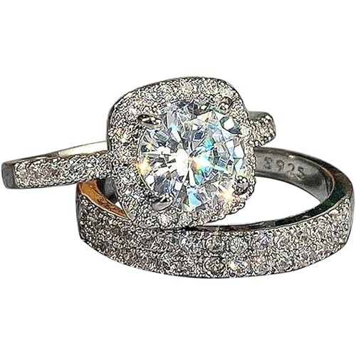 Fashion 18K White Gold Plated Bright cut Bridal Wedding Ring Set Jewelry Gifts Cubic Zirconia Two-in-One Halo Engagement Promise Eternity Ring Set（9）