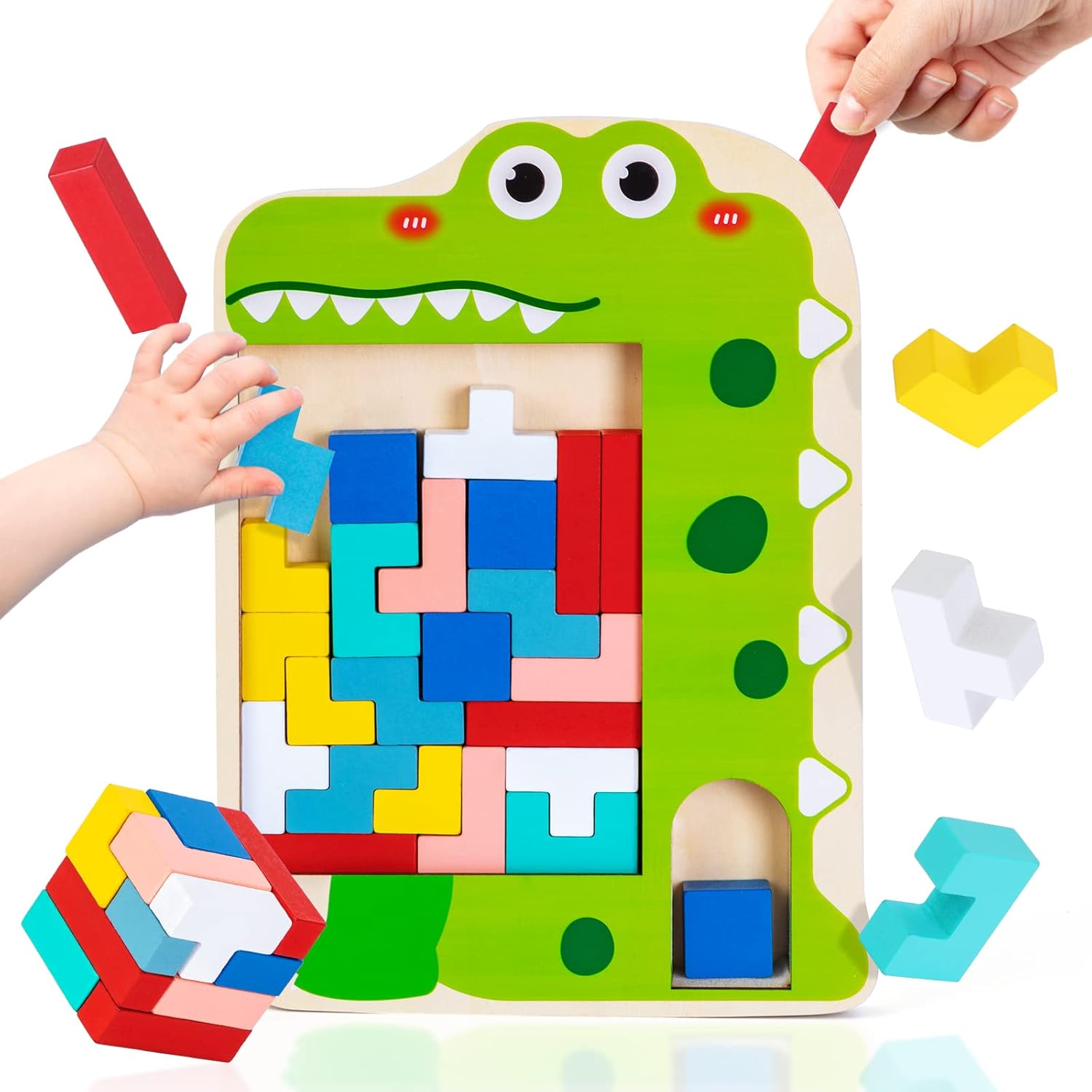Eutionho Juguetes Montessori 2 3 4 5 6 Años, 3 en 1 Tetris Tangram de Madera, Bloques de Construcción Infantil Combinación de Formas Apilamiento Juguetes Educativos Regalos para Niños Niña