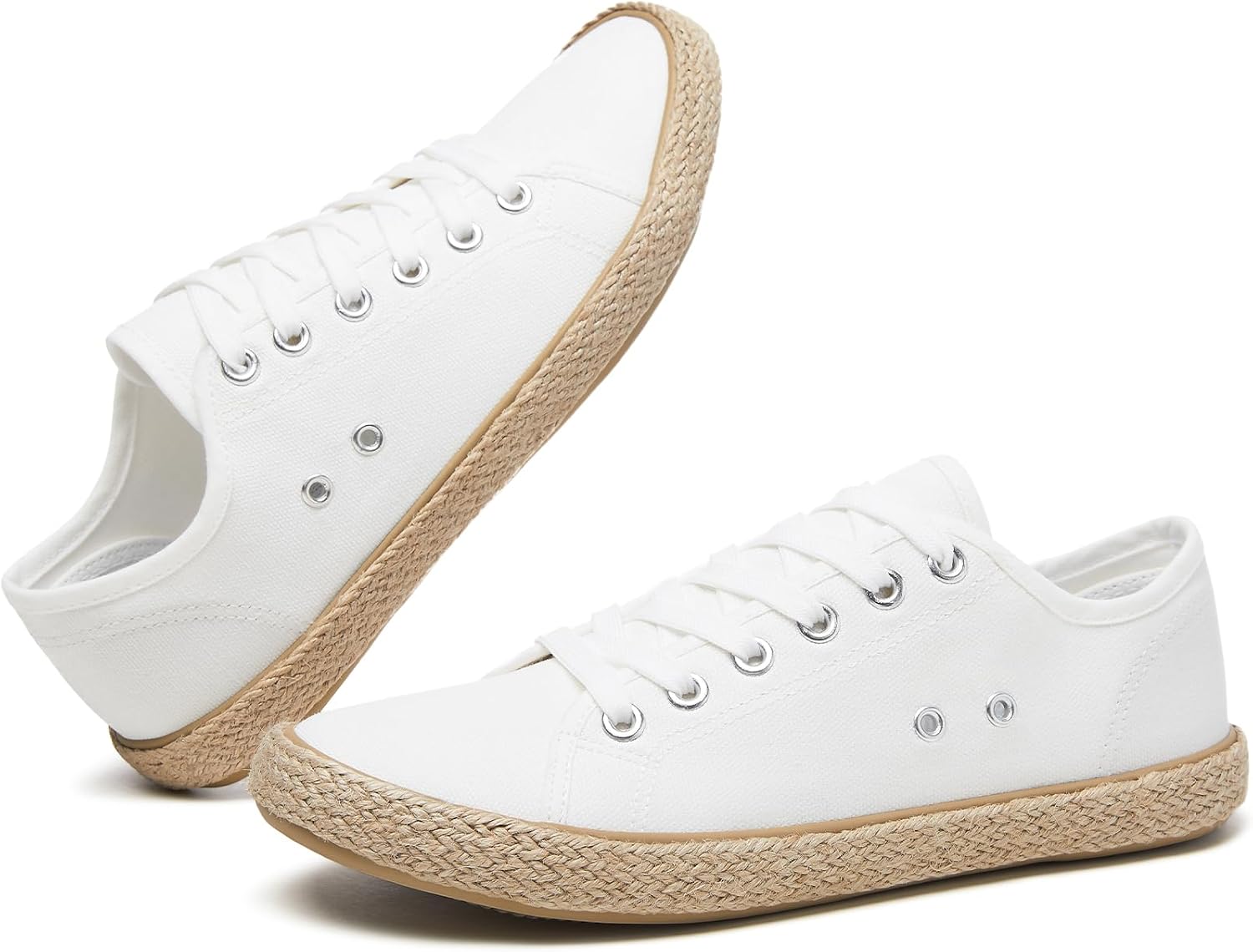 POVOGER Women's Canvas Sneakers Low Top Lace Up - Breathable Casual Walking Shoes Lightweight Comfort, White Fashion Tennis Sneakers with Textured Rope Jute Edge Trim