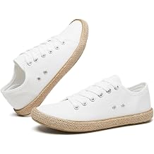 POVOGER Womens Canvas Sneakers Low Top Lace Up - Breathable Casual Walking Shoes Lightweight Comfort, White Fashion Tennis Sneakers with Textured Rope Jute Edge Trim