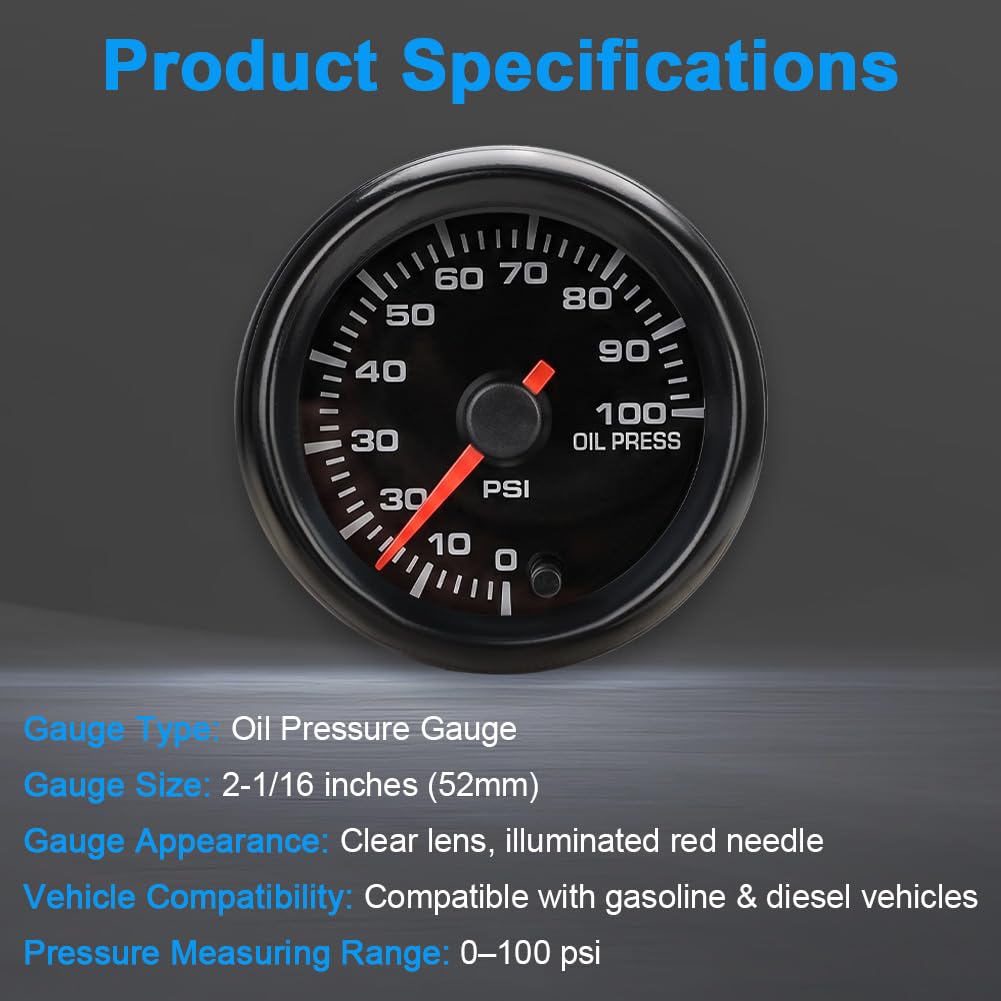 7 Color 100 PSI Oil Pressure Gauge Kit 2-1/16" 52mm