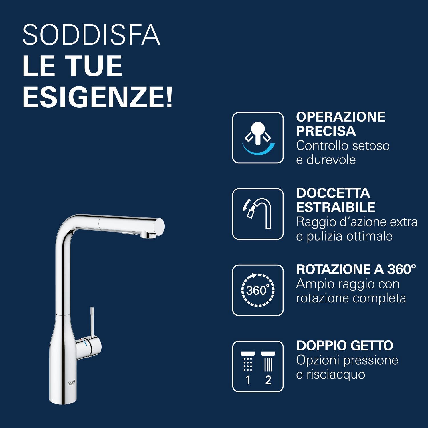 GROHE Essence Rubinetto Miscelatore Monocomando per Lavello New, bocca alta e girevole, cartuccia a dischi ceramici, Cromo 30270000