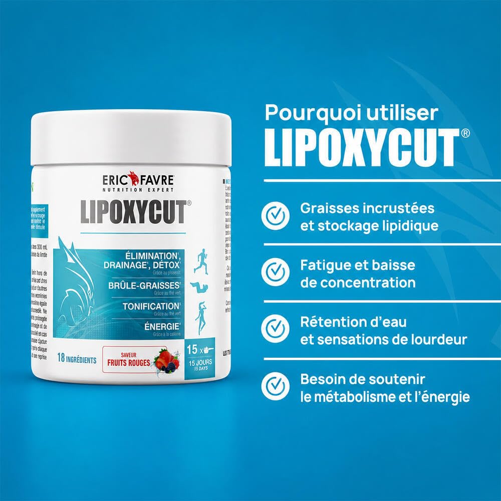 LIPOXYCUT FAT & SUGAR - Complément Alimentaire - Formule 4 en 1 avec L-Carnitine, Thé Vert, Café Vert & Vitamines - Faible en Sucres - 120g - Boisson Pomme Verte, Citron - Eric Favre