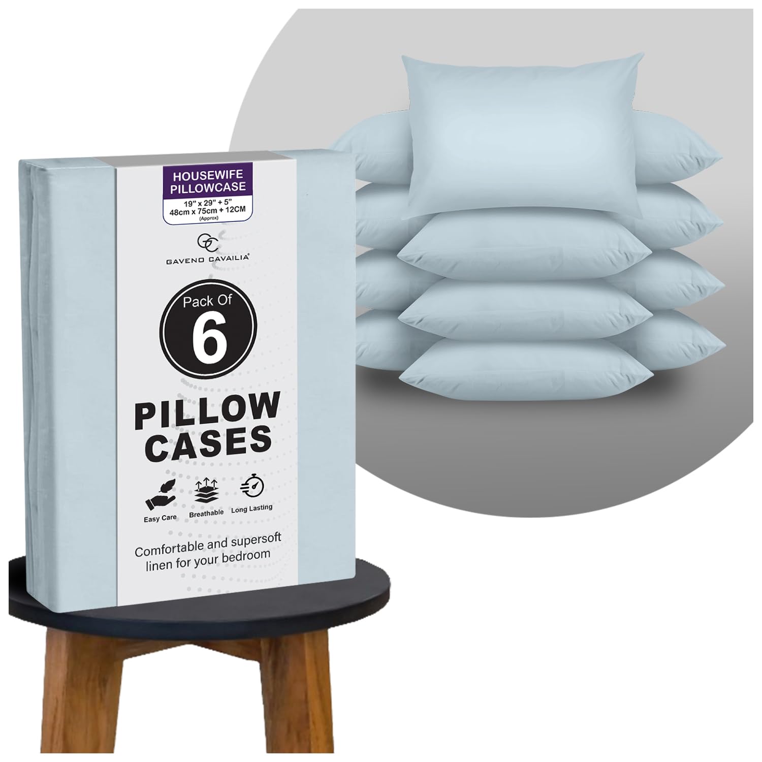GC GAVENO CAVAILIA Plain Pillow Cases 6 Pack | Breathable, Wrinkle, Soft Touch Polycotton Bedding Pillowcases | Hotel Quality Hypoallergenic Pillow Covers Envelope Closure 74x48 Cm, Sky Blue — image 1