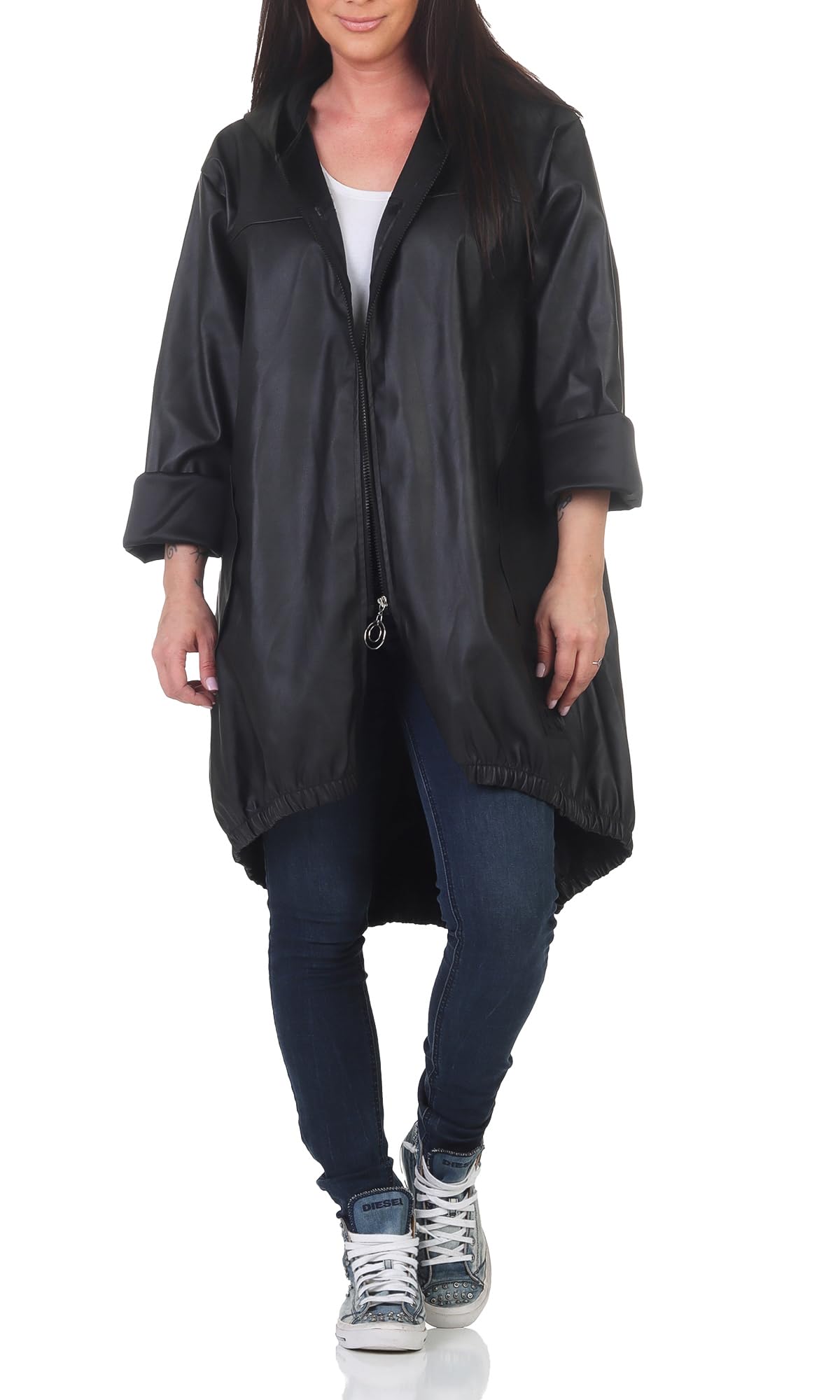 simaranda Damen Regenjacke Made in Italy Oversize Parka mit Kapuze Stylischer Vokuhila Mantel Wasserabweisende Übergangsjacke Einheitsgröße (Gr. 38-42)