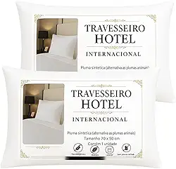 KIT 2 Travesseiros Hotel Internacional, Altura Ajustavel, Toque de Plumas Hipoalergênico, Capa com Zíper, Tecido Acetinado, Padrao Europeu