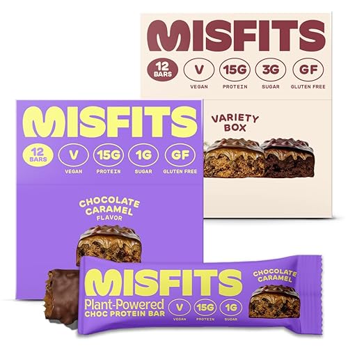 Misfits Barra de proteínas veganas, barras de proteína de chocolate a base de plantas, caramelo de chocolate + paquete variado de aperitivos altos
