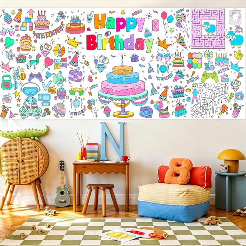Leezead Happy Birthday Coloring Poster, 72 X 30 Inch Giant Birthday Painting Tablecloth for Classroom Art Activities Party Supplies - image 5