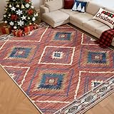 Area Rug 8x10 Rug Machine Washable Non-Slip Low Pile Print Pattern Western Rug for Living Room Bedroom Entryway Tribal Series -Red/Orange