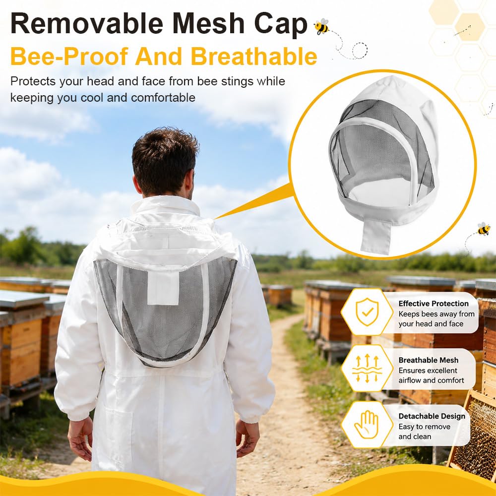 Imkeranzug mit Imkerhandschuhe, XL/XXL Professioneller Vollschutz Imker kostüm, Abnehmbarer Kapuze Atmungsaktiver Imker Schutzanzug Unisex Männer Frauen Garten Hinterhof Ranch, Weiß