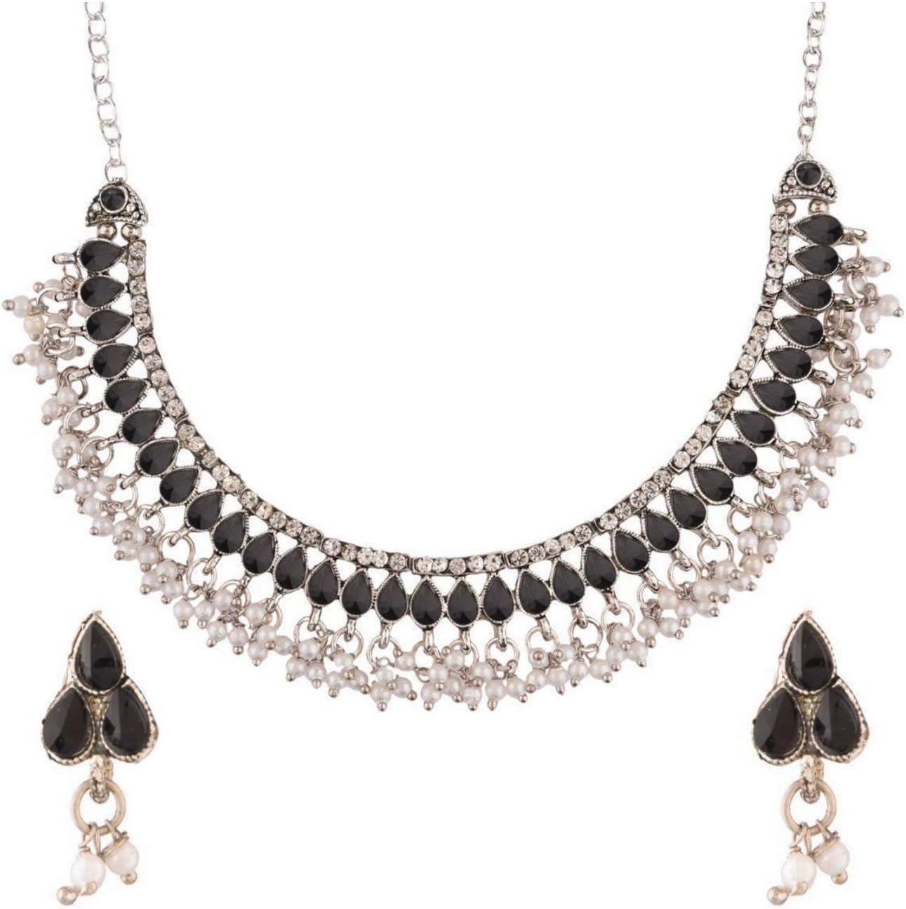 Efulgenz Oxidized Necklace Oxidized Indian Jewelry Set Boho Oxidised Crystal Choker Necklace Faux Pearl Drop Earrings Set for Women