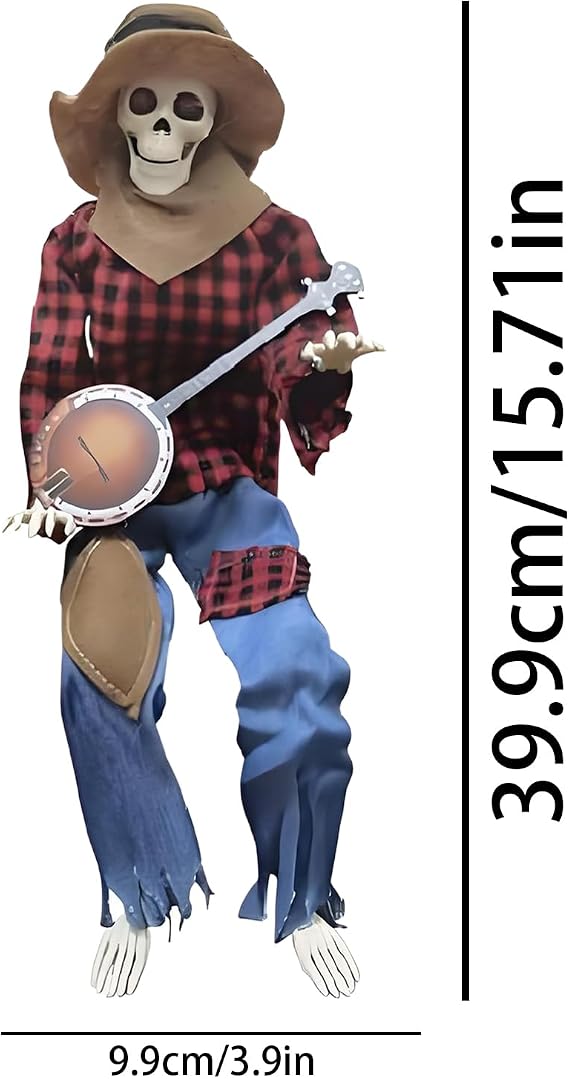Halloween Skeleton,Spooky Skeleton Guitarist - Poseable Joints Statue with Music Glowing Eyes for Haunted House Retail Store Pathway Garden Photo Backdrop Front Porch