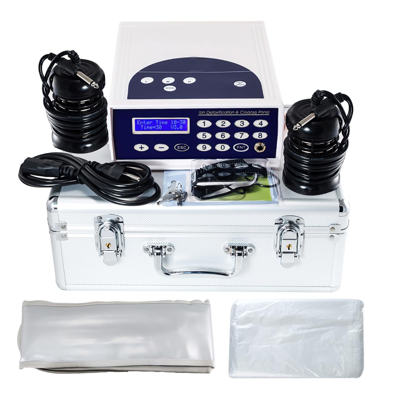 iMeshbean Ionic Ion Detox Foot Bath Aqua Spa Cleanse Machine LCD Display with Array for Foot Detox + FIR Waist Belt Wrist Strap + Foot Tub Liners and Aluminum Carrying Box