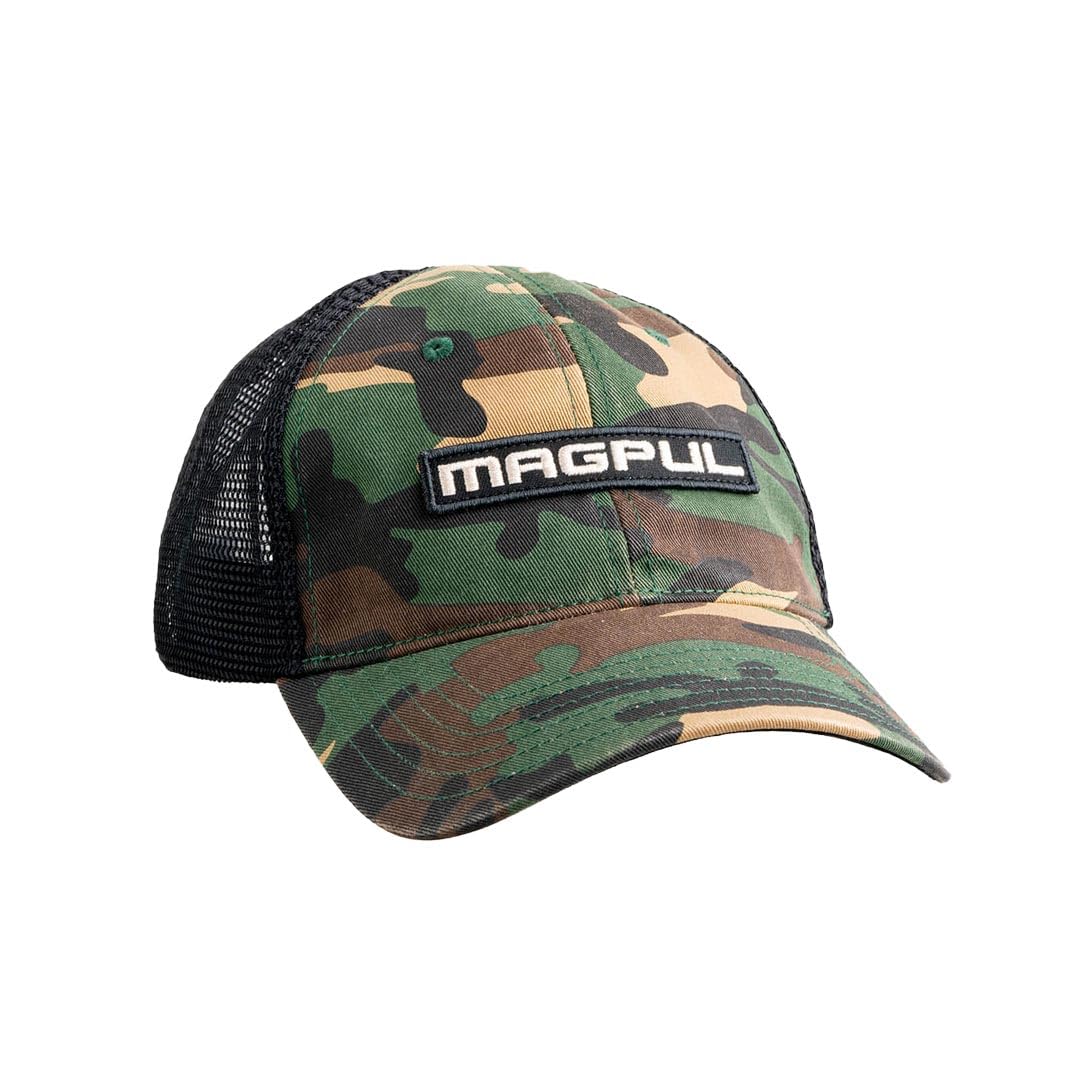 Magpul Unisex's Trucker Hat Snap Back Baseball Cap, One Size Fits, Wordmark Garment Washed Woodland Camo