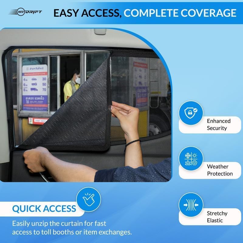 Image of NEODRIFT 'NeoShade' Magnetic Car Sunshades for Hyundai i20 Elite (2015-2019) - Set of 4 (Front + Rear Windows) | UV Protection, Magnetic Grip, Rear Zipper Shades, Privacy & Heat Control