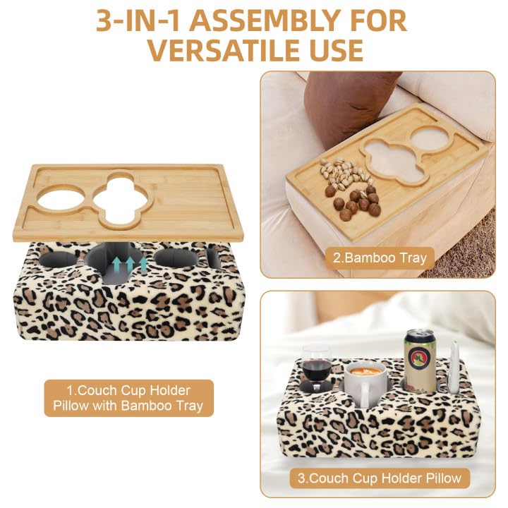 Couch Cup Holder Pillow with Bamboo Tray - Cup Glass Cozy Pillow | Couch Caddy Sofa Bed Buddy Holds Drinks, Snacks, Remotes, Phones, Tablet. Keep Drinks Stand and Prevent Spills - LeopardYellow