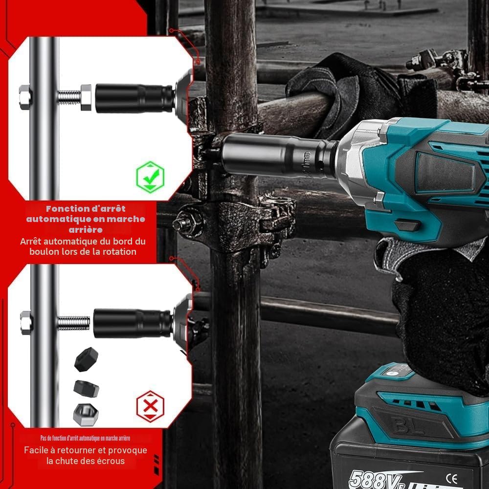 1800N.M Clé à Chocs Sans Fil,1/2 Pouce Boulonneuse a Choc, Compatible avec Makita 18V,Clé à Chocs Multifonction avec Lumière LED,avec 1 batterie, 7200 tr/min,5 vitesses,pour voiture et maison (Bleu)