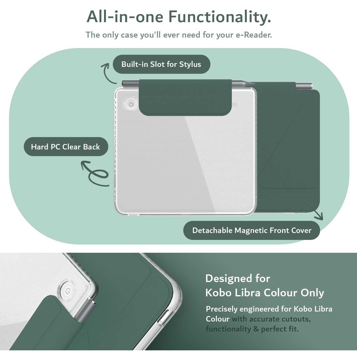 TUDIA M-FLIP Detachable Clear Magnetic Case for Kobo Libra Colour (2024) - [Auto Wake/Sleep] Shockproof Slim Transparent Back Magnetic Fold Cover with Stylus Holder (Dark Green) - 3