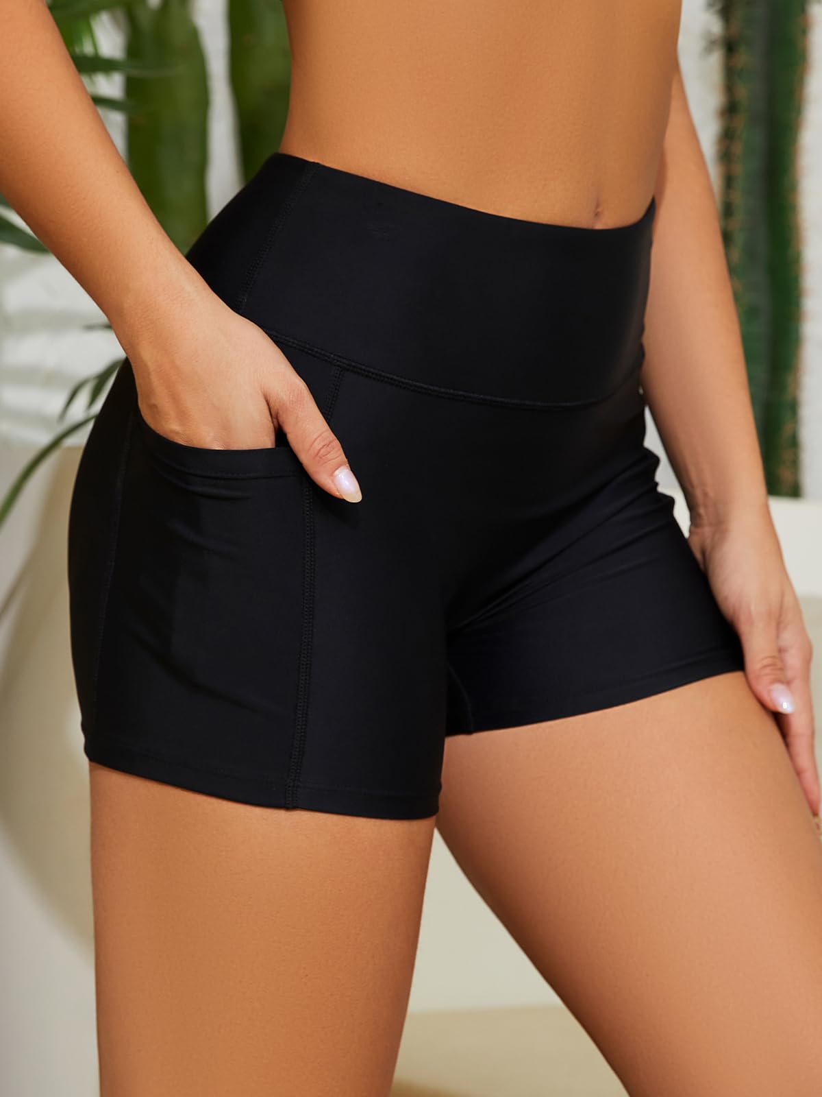 SHEKINI Pantalones Cortos de natación de Cintura Alta de UPF 50+ para Mujer, con Secado rápido, Traje de baño con Bolsillos