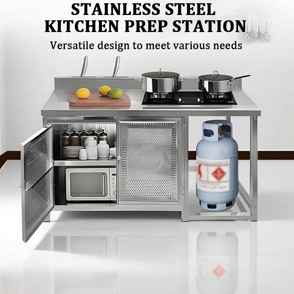Banco per La Preparazione del Cibo in Acciaio Inox A Doppia Porta con Armadietti E Ripiani Aperti, Piano di Lavoro Cucina Multiuso A Due Livelli con Alzatina Rialzata,Al150×w50×h75cm