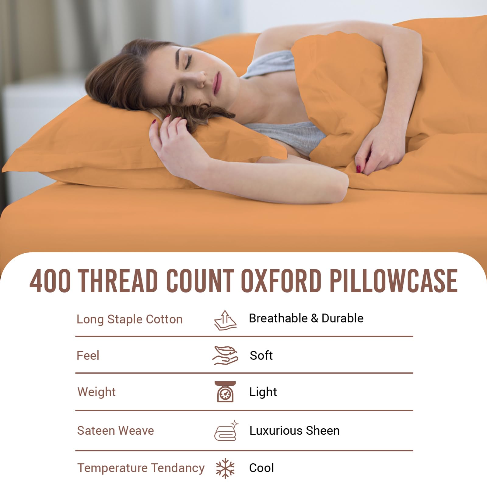 Pizuna 100% Cotton Long Pillow Cases 2 Pack 50x90cm King Size Pillow Covers Apricot Orange - Image 4