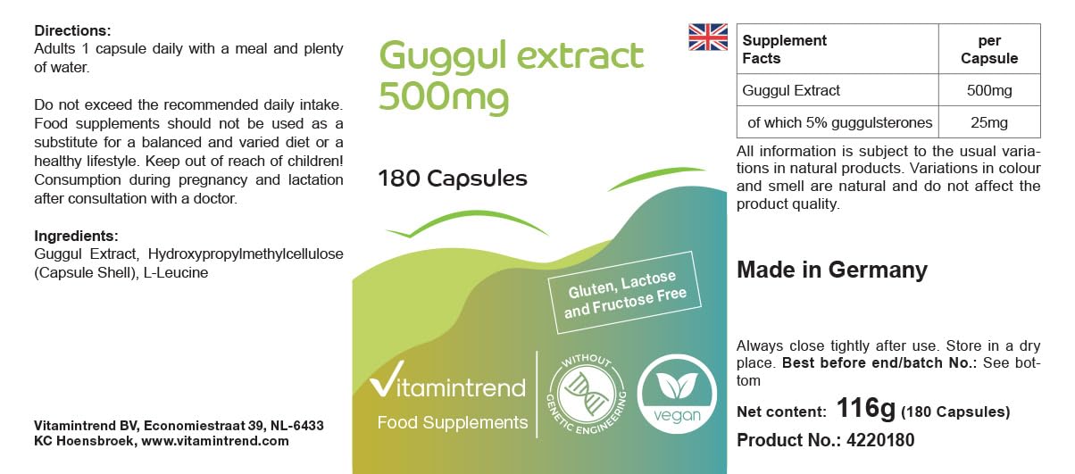 Vitamintrend Extrait de Guggul 500 mg, 180 gélules, 5% de guggulstérones, hautement dosé, végétalien sans stéarate de magnésium, fabriqué en Allemagne