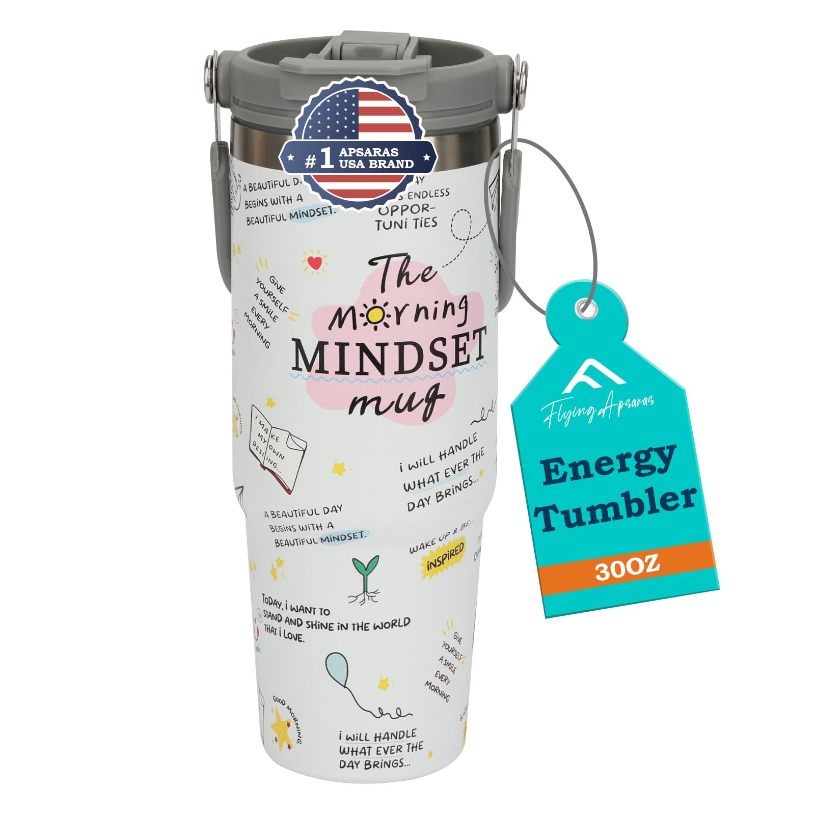 APSARAS 30 oz Stainless Steel Tumbler with Lid and Straw,Vacuum Insulated Bottle with Flip Straw and Top Handle, Morming Mindset Mug, Reusable Insulated Water Bottle for Home, Office, Leak proof