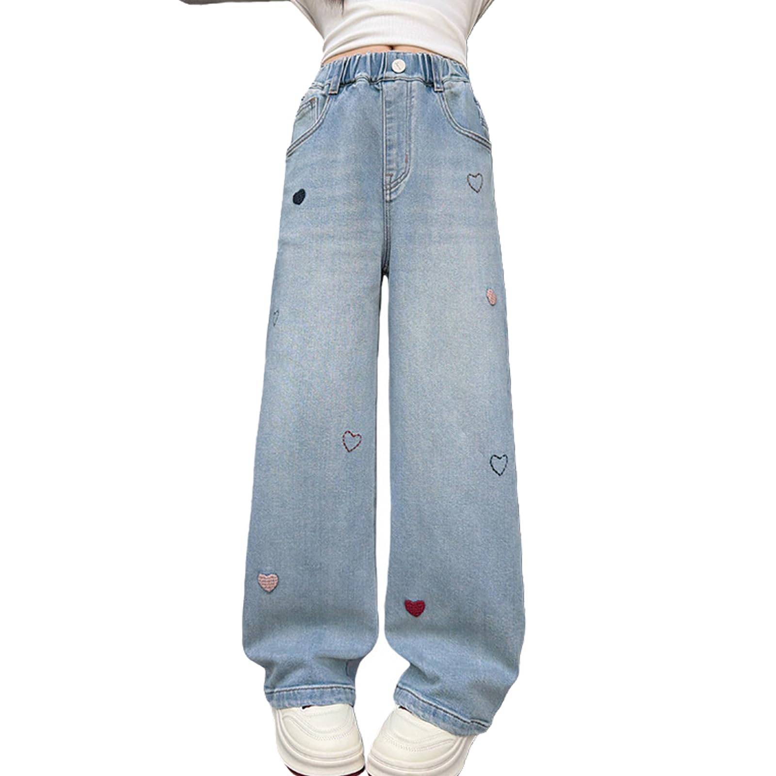 5-14 anni Bambini Ragazze Jeans Distressed Elastico Vita Baggy Denim Gamba Larga Pantaloni Pantaloni Pantaloni