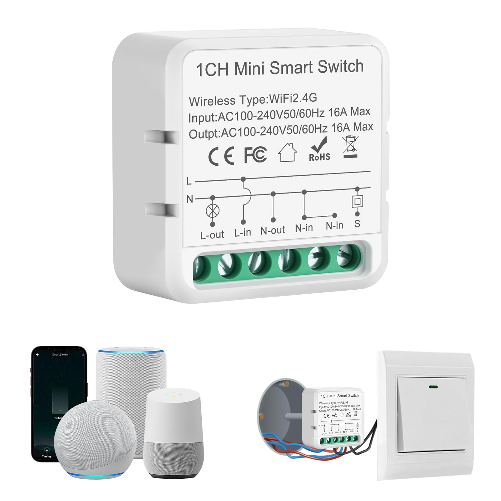 Alexa WiFi Switch, WiFi Smart Switch, 2.4G WiFi Relay Module, Smart Switch for Alexa, Tuya App, Smart Life App, Max 16A, Neutral Driver Required