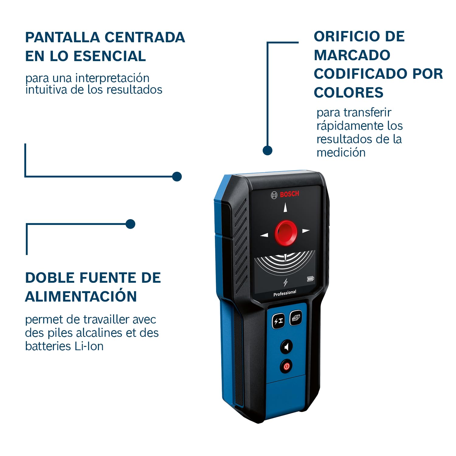 Bosch Professional detector de pared GMS 100-23 (profundidad de detección máx. de metal no magnético/metal magnético/cables con corriente/madera: 100/80/50 mm, 2 pilas AA, bolsa)