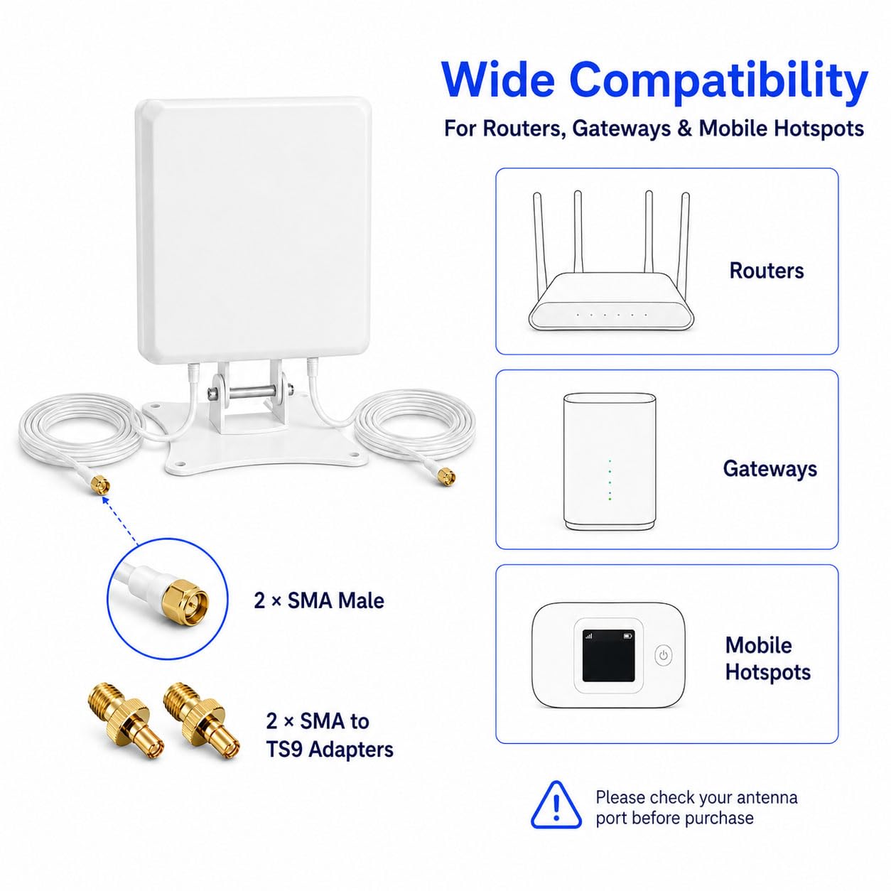 antenna direzionale MIMO dell'antenna di 5G 4G LTE per il router, antenna del pannello 7dBi | 698-3800MHz, 2 cavi SMA, adattatore TS9, supporto da tavolo e montaggio su albero per hotspot, gateway, ufficio, casa, camper