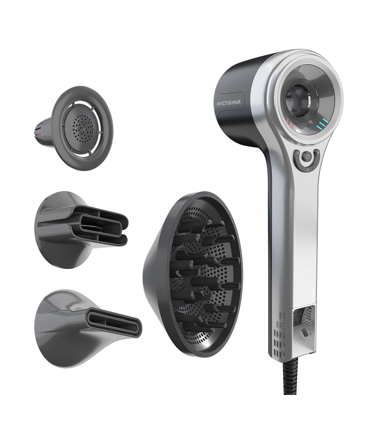 Genius Invictus Föhn Hair D7 Ionen Haartrockner 5 tlg, Reisefön Fön mit 1 Diffusor 3 verschiedene Stylingdüsen, 5 Temperatur- und 3 Geschwindigkeitsstufen, 1600 W Hair Dryer für schnelles Trocknen