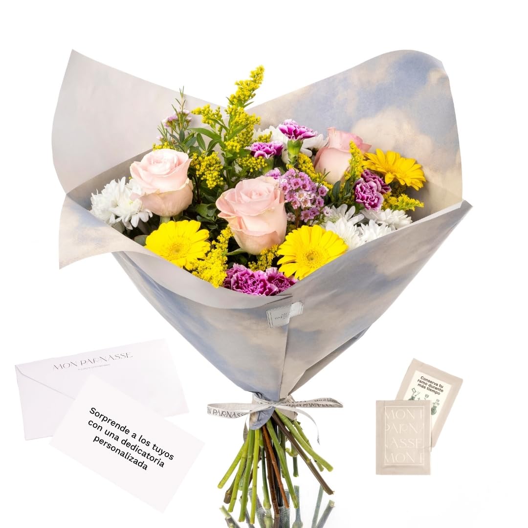 Mon Parnasse - Ramo de Flores Naturales con Dedicatoria, Incluye Tarjeta Personalizada, Set Alimento Floral, Envoltorio Elegante, Regalo, Frescura y Aroma - Plenitud