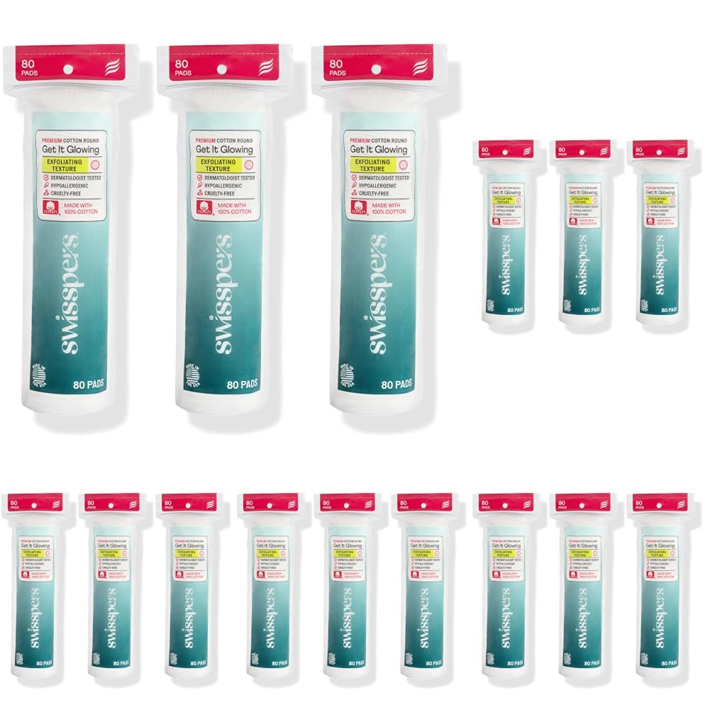 Swisspers Premium Exfoliating Cotton Rounds, Dual-Sided, 80 Count (Pack of 15)
