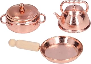 Pilipane Miniatures Dollhouse Kitchen Accessories,Dollhouse Kitchen Cookware,1/12 Scale Miniatures Metal Frying Pans, Kettle, Copper Pots with Lids for Dollhouse Kitchen Accessories