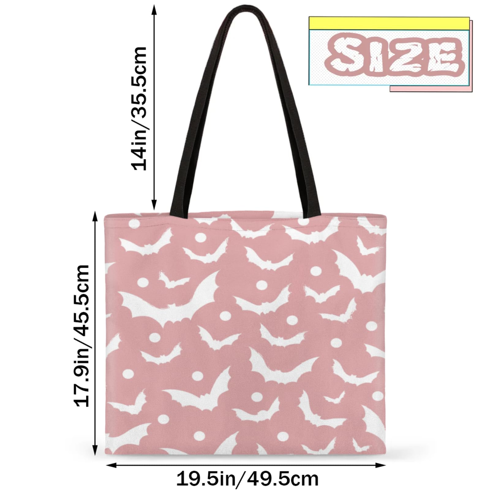 Mularoka Polka Dot Bat Hand Painted White Square Canvas Tote Bag Top Handle Purses Stylish Women Canvas Shoulder Tote Bags Reusable Handbags for Work Travel Picnic Beach Shopping Gym Hiking