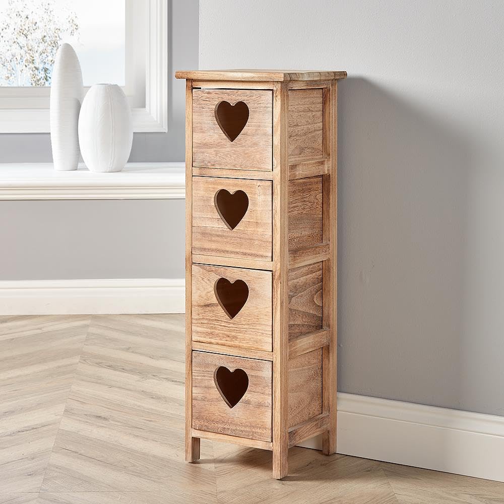 Home Source Storage Chest of Drawers, Natural Wooden Bedroom Organiser Bedside, Love Heart Design, 4 Drawer