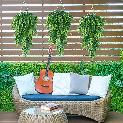 Whonline 3Pcs Artificial Hanging Plants Boston Fern, Waterproof & Uv Resistant Fake Plastic Greenery Vine, Faux Hanging Plants For Patio Porch Decor Indoor Outdoor Garden Decoration #TOP3