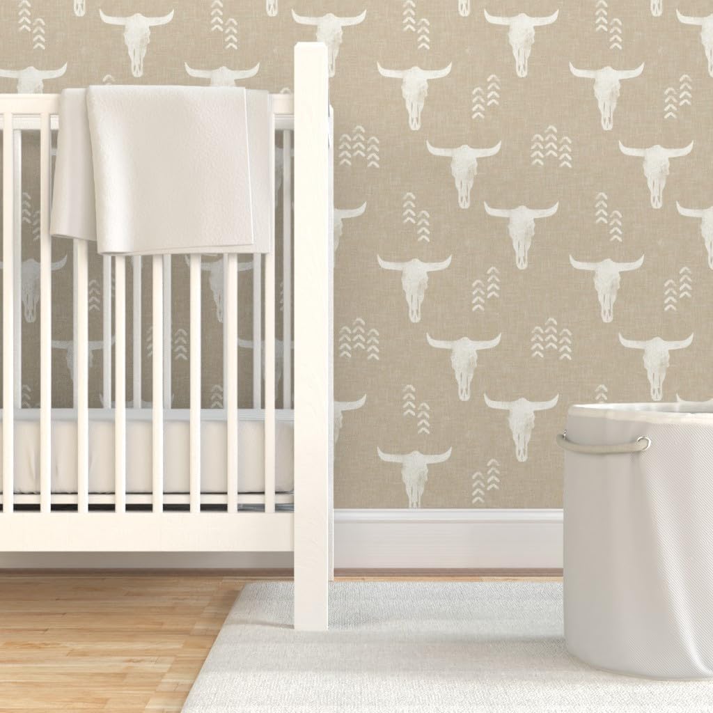 Peel & Stick Wallpaper 12ft x 2ft - Southwestern Boho Cow Skull Neutral Bohemian Desert Sand Beige Cream Custom Removable Wallpaper by Spoonflower