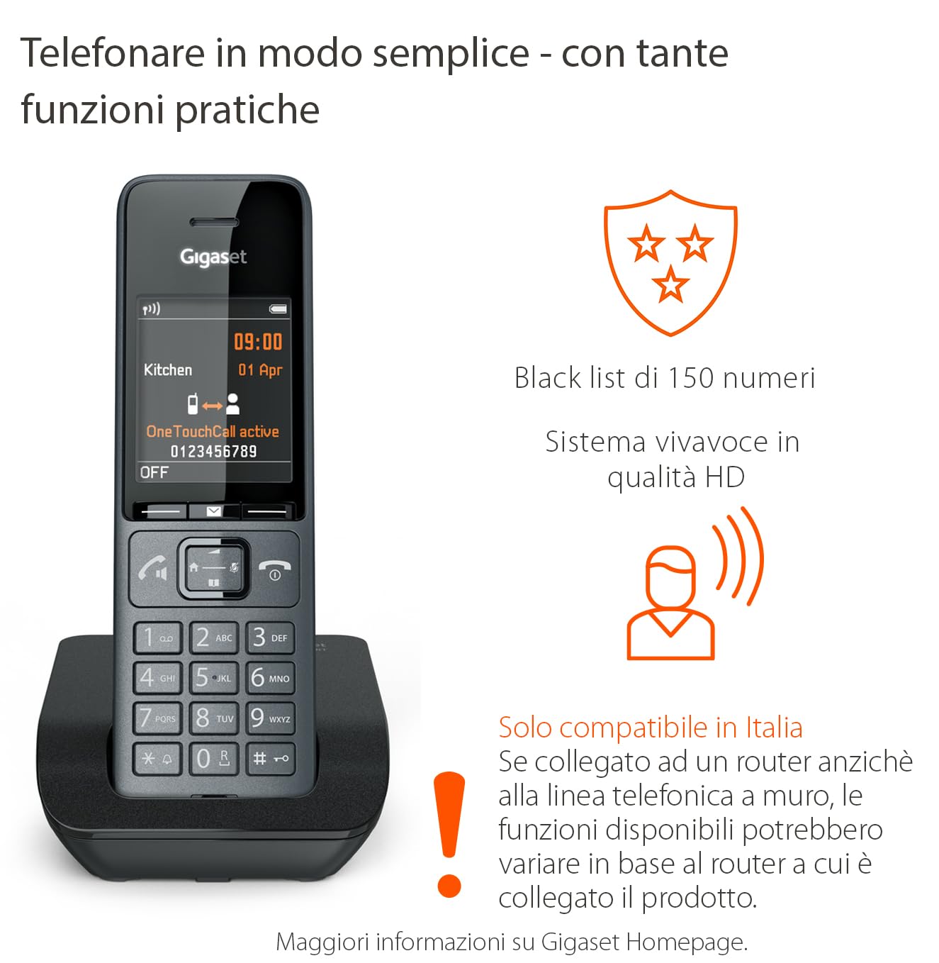 Gigaset COMFORT 520 - DECT Telefono - Dal Design Elegante - Qualità audio brillante - Vivavoce - Ampia Rubrica, Nero Titanio [Versione Italiana]