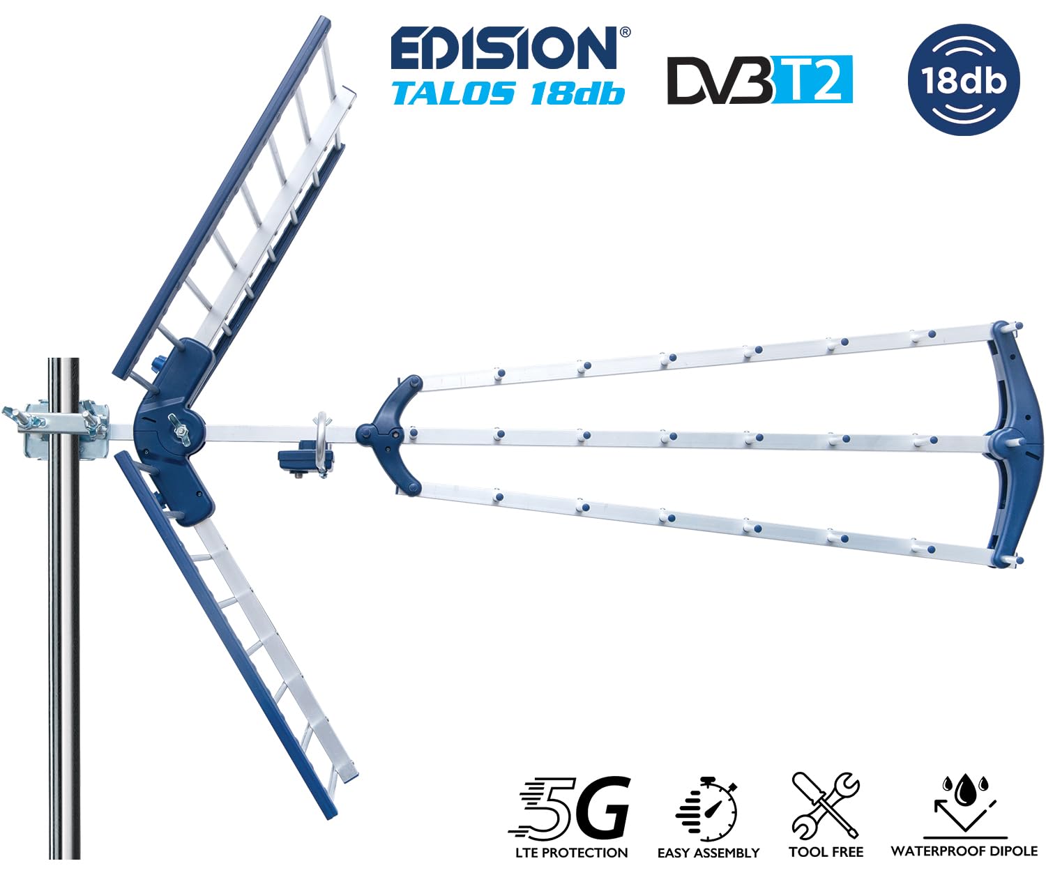 EDISION TALOS 18db Potrójna cyfrowa antena naziemna UHF 21-48, z odcięciem 5G LTE, idealna do odbioru kanałów cyfrowej telewizji naziemnej DVB-T/T2, długość 47cm, niebieska i aluminiowa