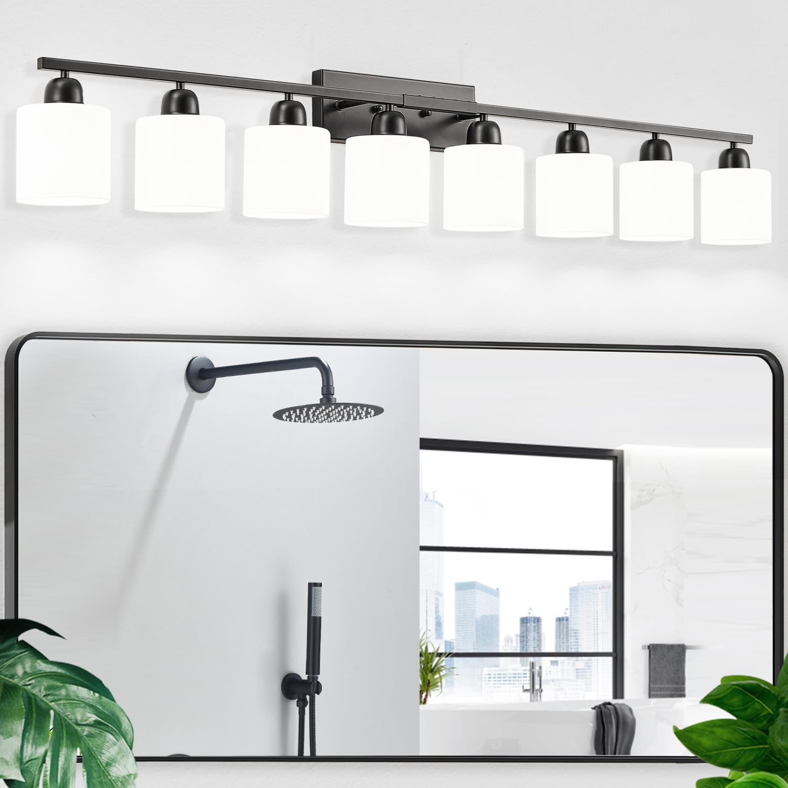 8 light black bathroom light fixtures over mirror for big mirror, modern bathroom lighting with milky white frosted glass shades,51 inch lights for vanity for mirrors, e26 base
