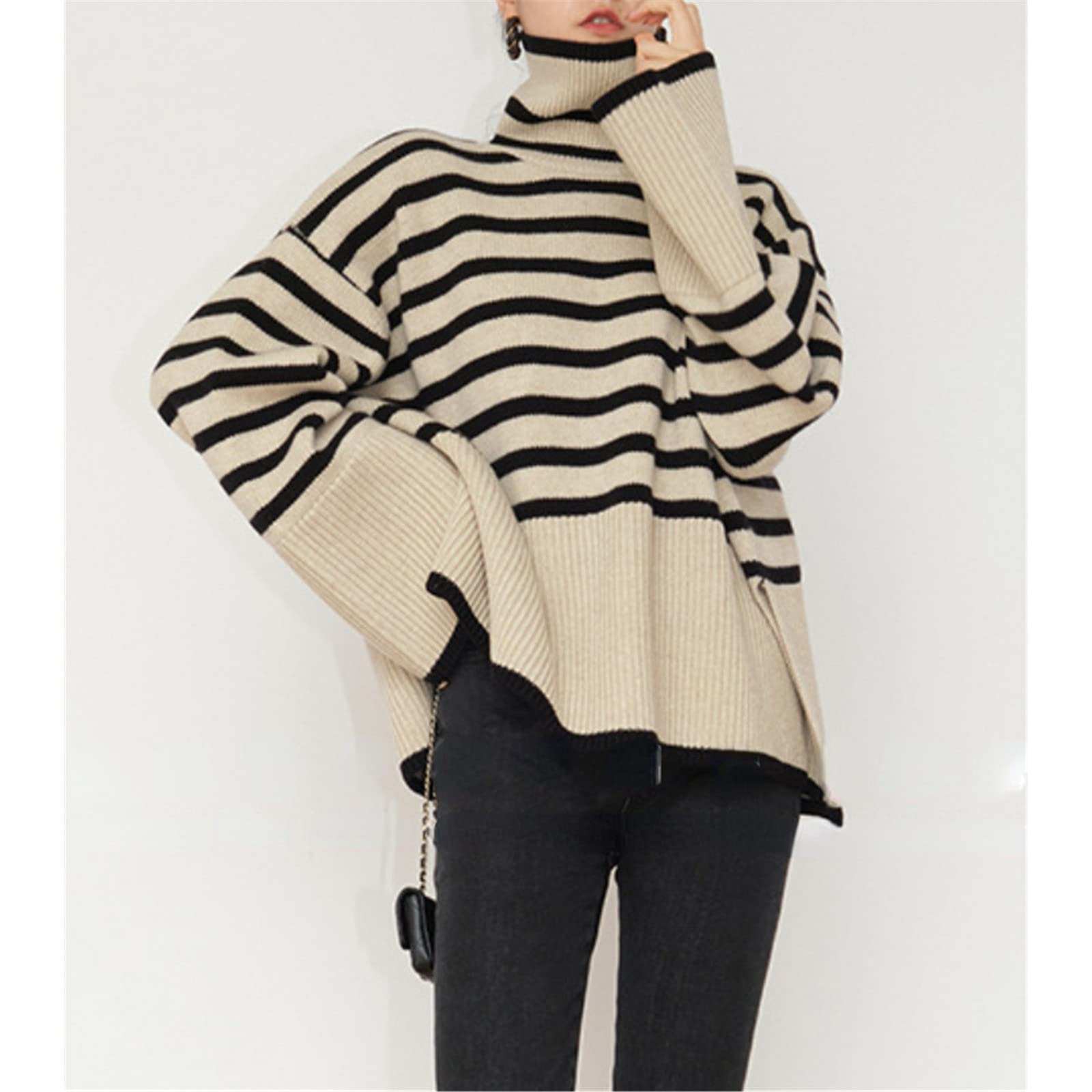 Top de la moda de las señoras de cuello alto a rayas otoño invierno diseño suelto jersey de punto suéter de gran tamaño