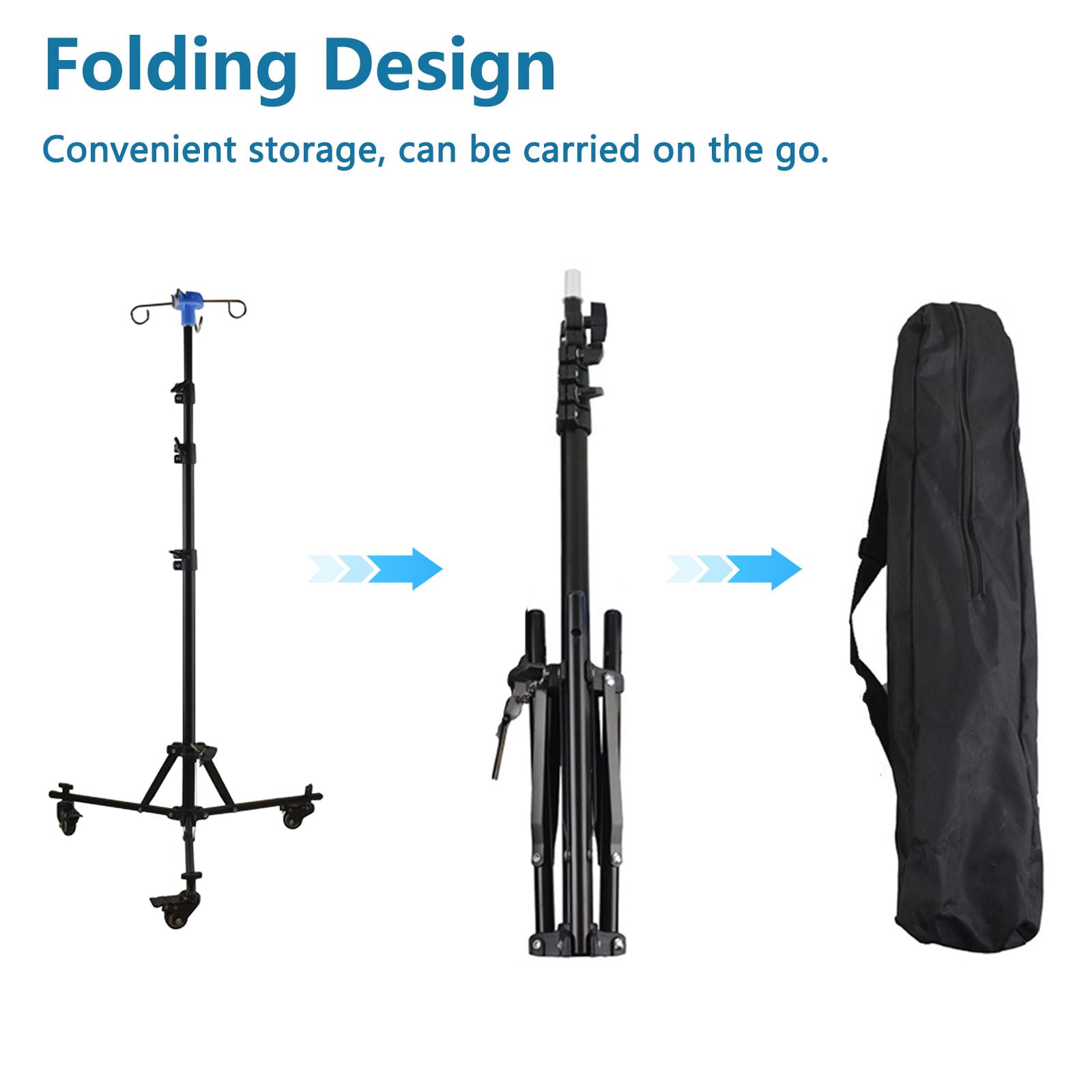 Supporto per infusione regolabile con ruote, asta pieghevole IV | Regolabile in altezza 90-190 cm, con 4 ganci, 3 tasche in rete e 1 borsa portaoggetti, supporto portatile IV per ospedale
